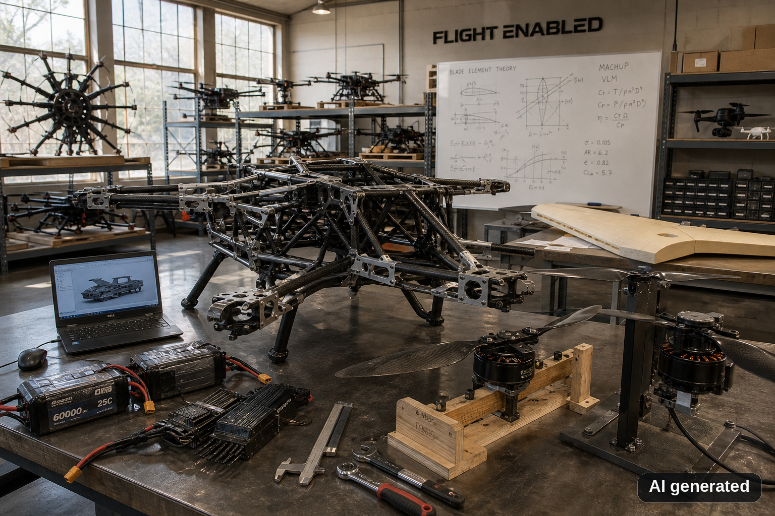 AI concept still of a Flight Enabled shop: skeleton airframe on a workbench in daylight