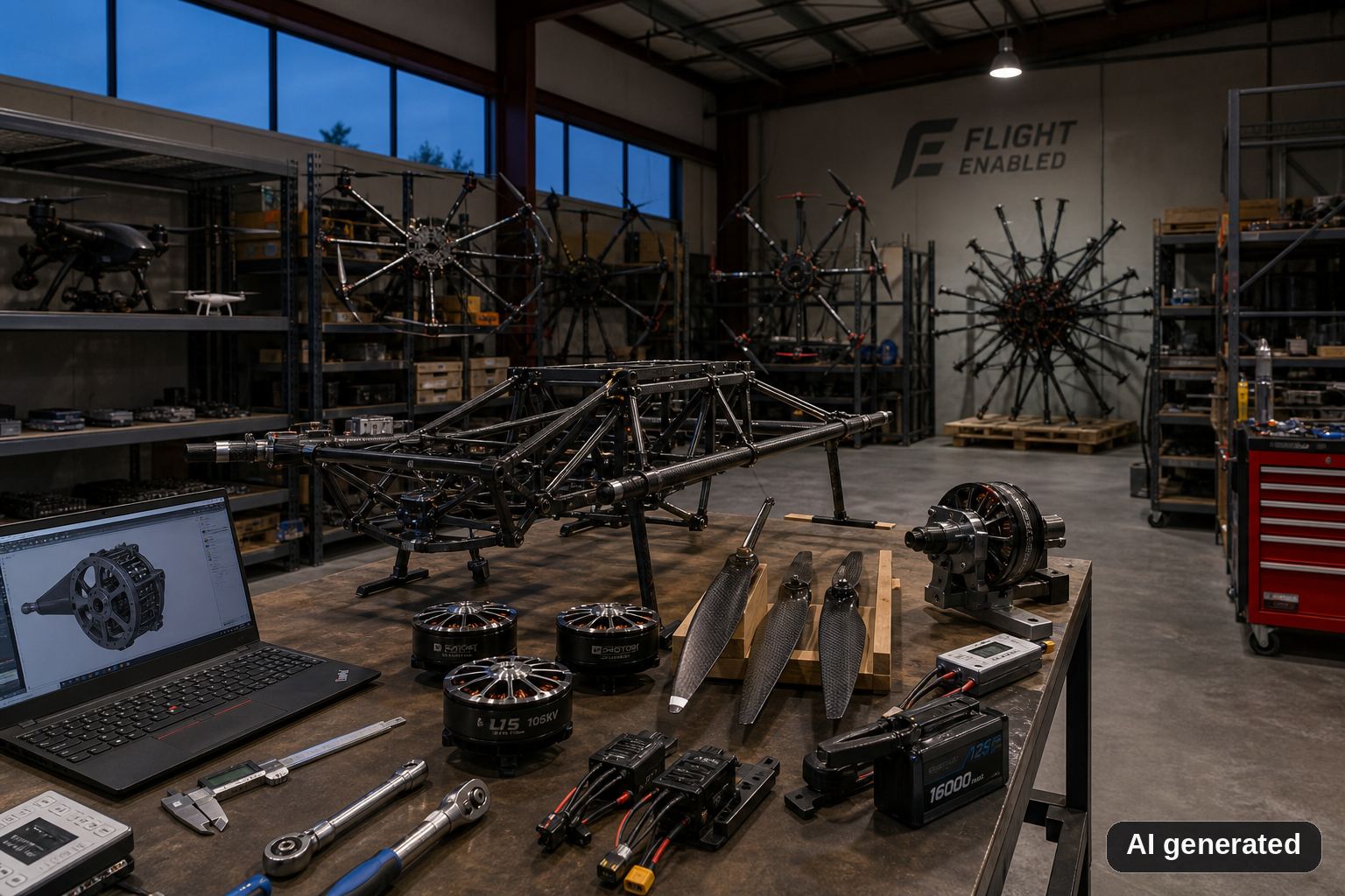 AI concept still of a Flight Enabled shop at dusk with skeleton airframe on a bench