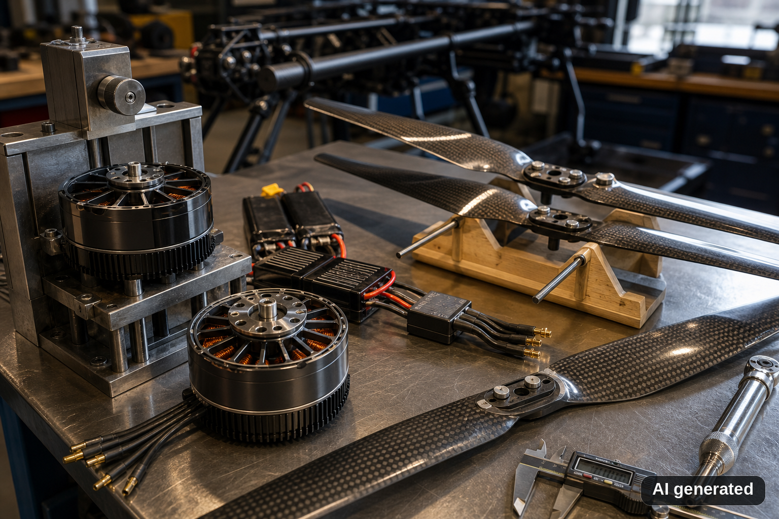 AI concept still of U15-class motors and large carbon propellers on a workbench